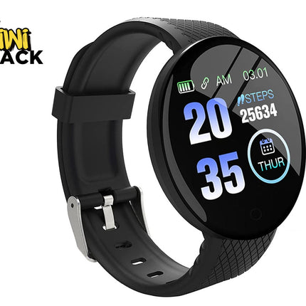 Black smartwatch with digital display on a white background, branded 'Kiwi Shack'.