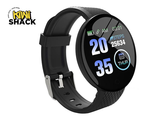 Black smartwatch with digital display on a white background, branded 'Kiwi Shack'.