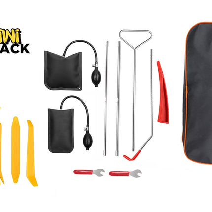 A Kiwi Shack air pump and tool kit laid out on a white background, including a black zippered carrying case with orange trim, black pump bags, metal tools, yellow wedge tools, and red-handled wrenches. The Kiwi Shack logo is visible in the top left.