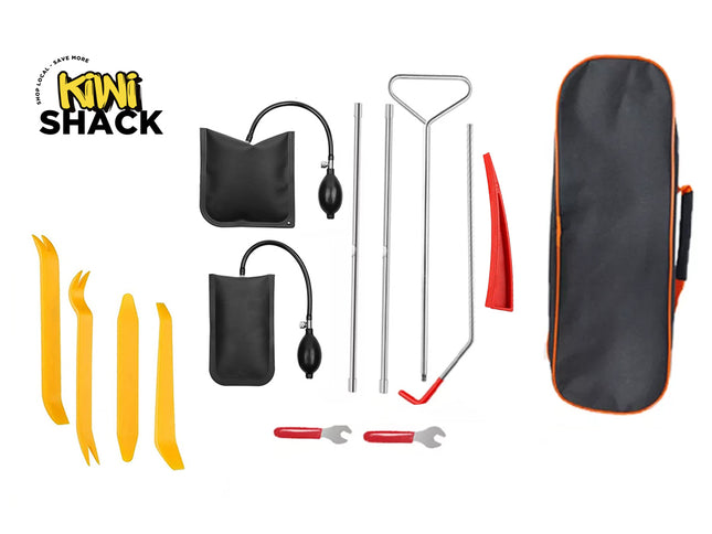 A Kiwi Shack air pump and tool kit laid out on a white background, including a black zippered carrying case with orange trim, black pump bags, metal tools, yellow wedge tools, and red-handled wrenches. The Kiwi Shack logo is visible in the top left.