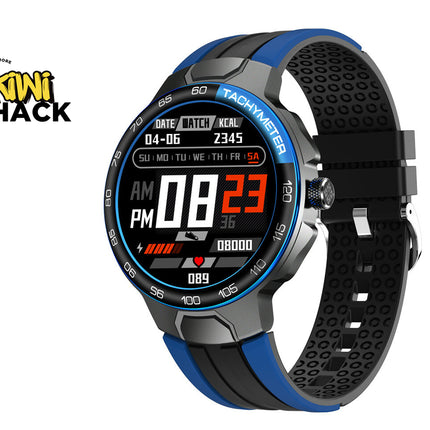 Smartwatch with a blue and black strap on a white background, featuring the brand 'Kiwi Shack'.