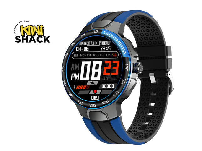 Smartwatch with a blue and black strap on a white background, featuring the brand 'Kiwi Shack'.