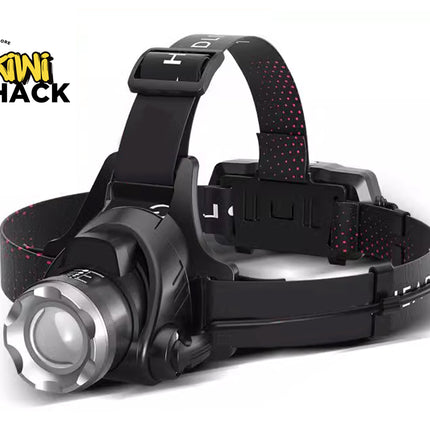 Black headlamp with adjustable strap on a white background, featuring the Kiwi Shack logo.