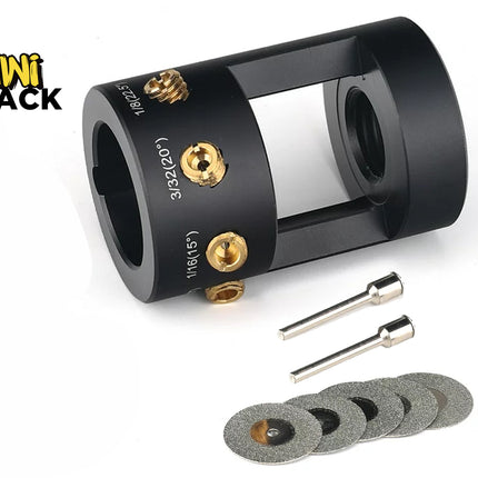 A black cylindrical chainsaw sharpening guide tool with brass angle adjustments, two small guide pins, and five small diamond cutting wheels below it, featuring a "Kiwi Shack" logo in the top left corner.