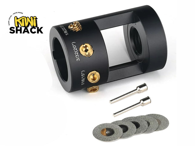 A black cylindrical chainsaw sharpening guide tool with brass angle adjustments, two small guide pins, and five small diamond cutting wheels below it, featuring a "Kiwi Shack" logo in the top left corner.