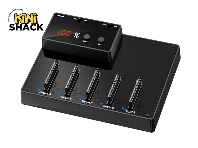 Black electronic device with digital display and multiple ports on a white background, branded 'Kiwi Shack'.