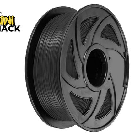 Spool of black filament with Kiwi Shack logo on a white background