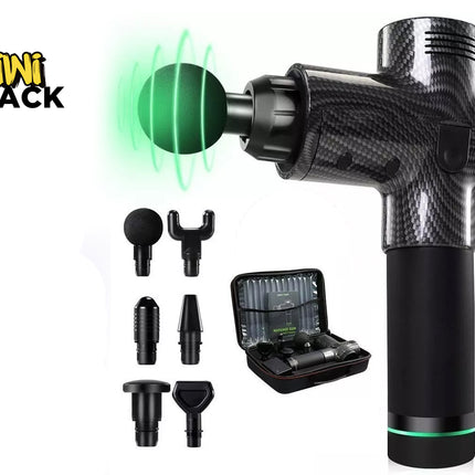 Kiwi Shack handheld massage gun with a carbon fiber pattern body, shown with multiple interchangeable heads, a charging case, and a green glowing head attachment on a white background.