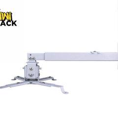 An adjustable white wall-mounted projector bracket with an extension arm and mounting spider legs, featuring the "Kiwi Shack" logo in the top-left corner.