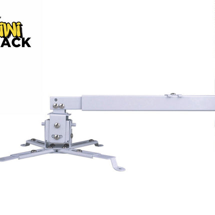 An adjustable white wall-mounted projector bracket with an extension arm and mounting spider legs, featuring the "Kiwi Shack" logo in the top-left corner.