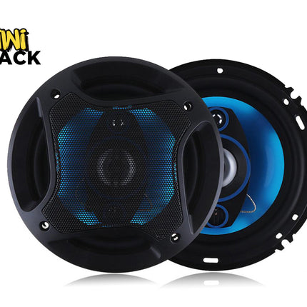 Two car speakers with blue lighting on a white background, featuring the Kiwi Shack brand.