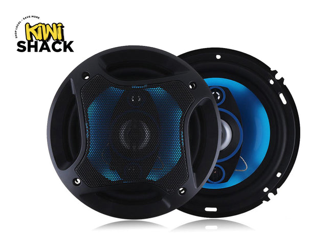 Two car speakers with blue lighting on a white background, featuring the Kiwi Shack brand.
