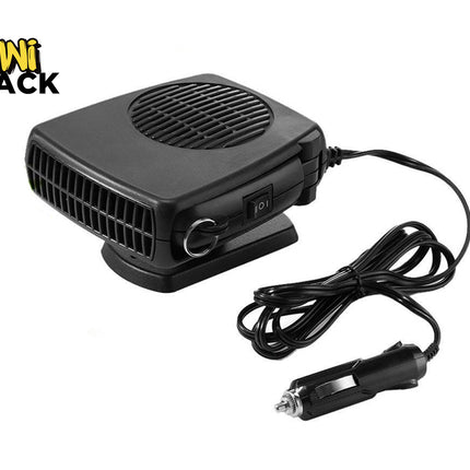 A portable black 12V automotive car heater and cooling fan with a cigarette lighter plug and power switch, featuring the "Kiwi Shack" logo in the top-left corner.