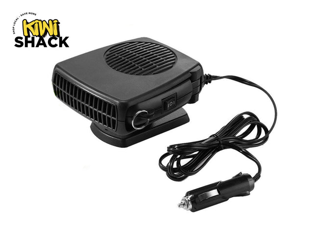A portable black 12V automotive car heater and cooling fan with a cigarette lighter plug and power switch, featuring the "Kiwi Shack" logo in the top-left corner.