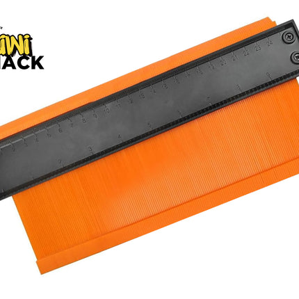 An orange plastic contour gauge profile tool featuring a black central locking handle and an integrated measurement scale against a white background, featuring the "Kiwi Shack" logo in the upper left corner.