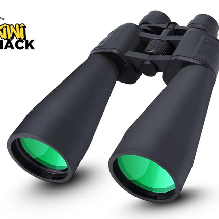 Black binoculars with green lenses on a white background, featuring the Kiwi Shack logo.