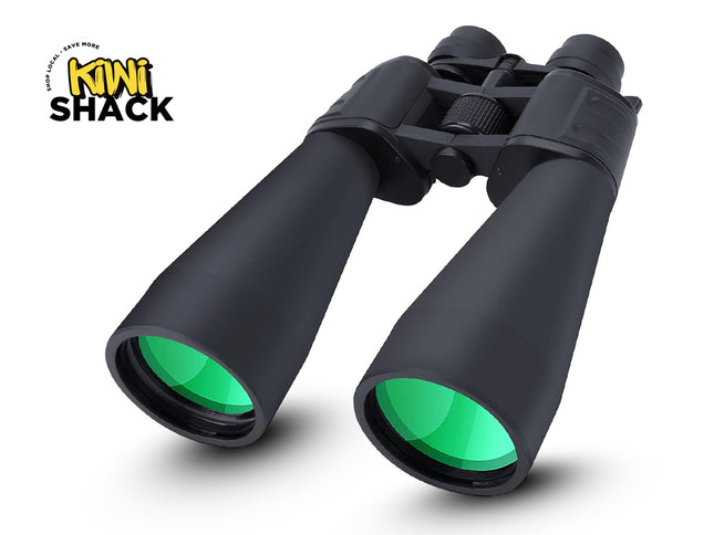 Black binoculars with green lenses on a white background, featuring the Kiwi Shack logo.
