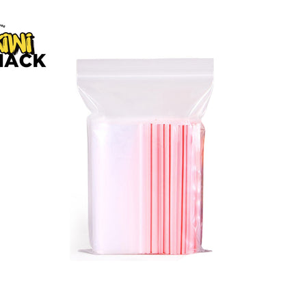 Clear plastic bag with Zip Lock Bags inside, branded with 'Kiwi Shack'.