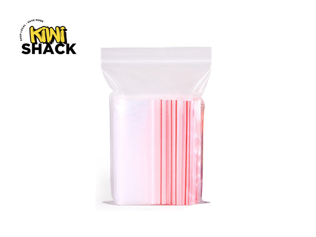 Clear plastic bag with Zip Lock Bags inside, branded with 'Kiwi Shack'.