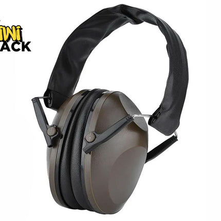 Kiwi Shack tactical hearing protection safety earmuffs with foldable headband and noise-reduction earcups.