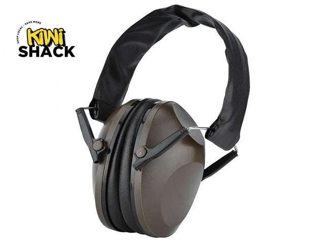 Kiwi Shack tactical hearing protection safety earmuffs with foldable headband and noise-reduction earcups.