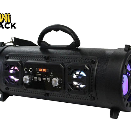 A portable black Bluetooth cylinder speaker with LED accent lights, control knobs, a digital display, and a carrying handle, featuring the "Kiwi Shack" logo in the top-left corner.