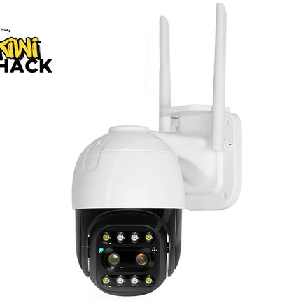 A white and black wireless security camera with two antennas, shown against a plain white background with a Kiwi Shack logo in the top-left corner.