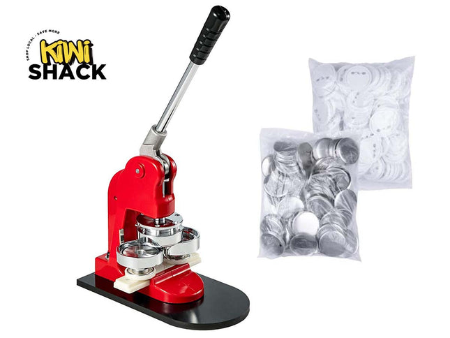 Red die cutting machine with a bag of metal dies on a white background, featuring the Kiwi Shack brand.