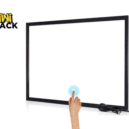 A black-framed touch screen whiteboard on a white background, with a hand touching the screen and the Kiwi Shack logo in the top left corner.