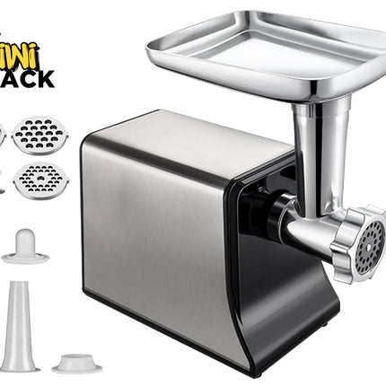 Stainless steel meat grinder with attachments on a white background, featuring the Kiwi Shack brand.