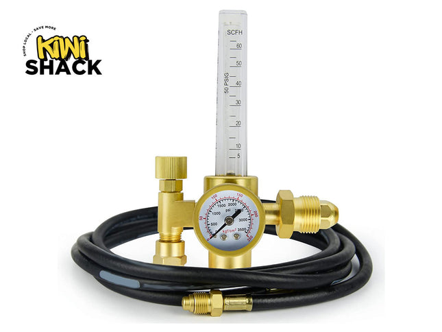 Brass pressure regulator with hose and gauge on a white background, featuring the Kiwi Shack logo.