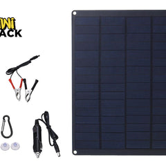 Solar panel with accessories on a white background, featuring the Kiwi Shack brand.