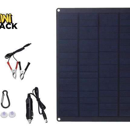 Solar panel with accessories on a white background, featuring the Kiwi Shack brand.