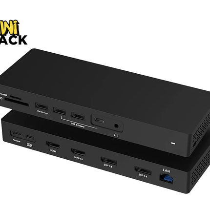 Black multi-port USB hub with multiple ports on a white background, featuring the Kiwi Shack logo.