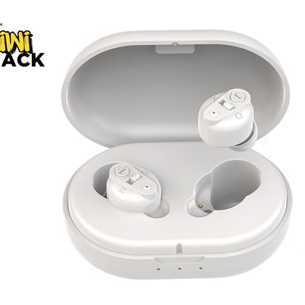 White wireless earbuds in a charging case with 'Kiwi Shack' branding.