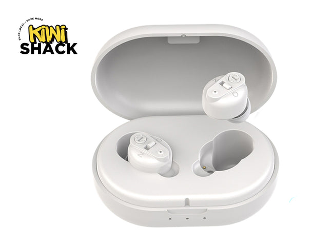 White wireless earbuds in a charging case with 'Kiwi Shack' branding.