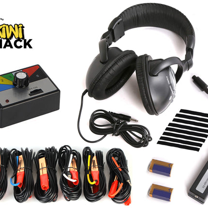 Set of electronic components and tools with a Kiwi Shack logo on a white background