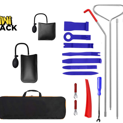 Kiwi Shack window breaker kit with a black carrying case, black inflatable air bladders, blue window removal tools, silver metal rods, and red-handled tools, arranged on a white background with the Kiwi Shack logo.