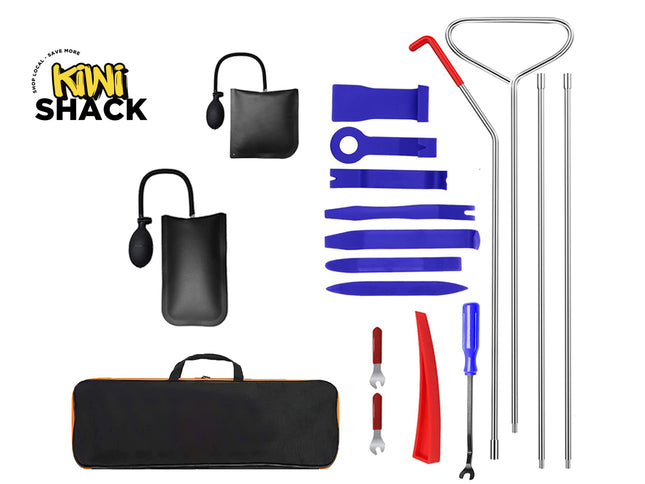 Kiwi Shack window breaker kit with a black carrying case, black inflatable air bladders, blue window removal tools, silver metal rods, and red-handled tools, arranged on a white background with the Kiwi Shack logo.