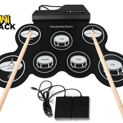 Electronic drum set with drum pads, sticks, and power adapter on a white background, branded 'Kiwi Shack'.