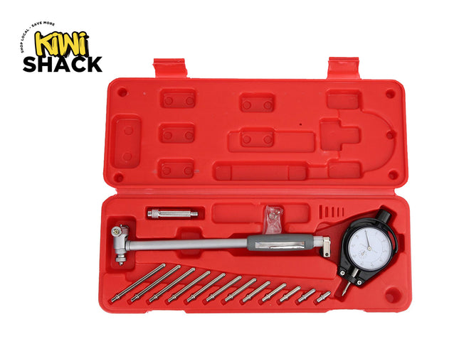 Red tool case with measuring instruments on a white background, featuring the Kiwi Shack brand.