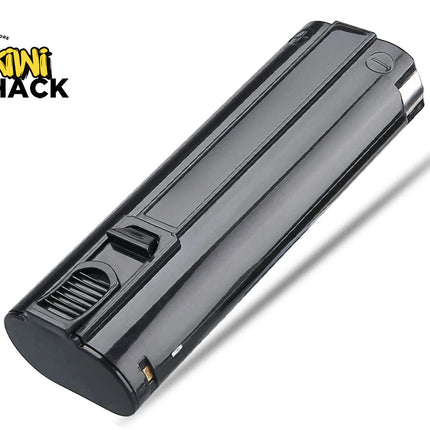 A black rechargeable battery pack with a sliding latch mechanism and terminal markings, featuring the "Kiwi Shack" logo in the top-left corner.