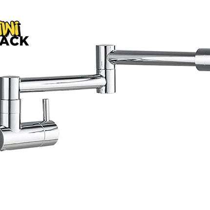 A chrome wall-mounted kitchen faucet with an adjustable arm and side lever, shown on a white background with the Kiwi Shack logo in the top-left corner.