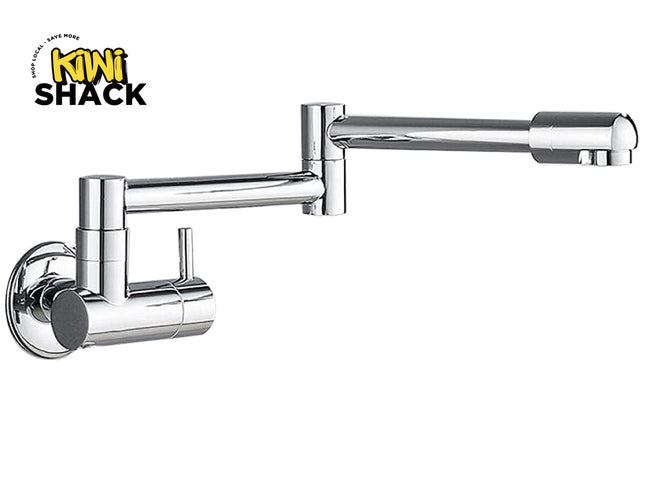 A chrome wall-mounted kitchen faucet with an adjustable arm and side lever, shown on a white background with the Kiwi Shack logo in the top-left corner.