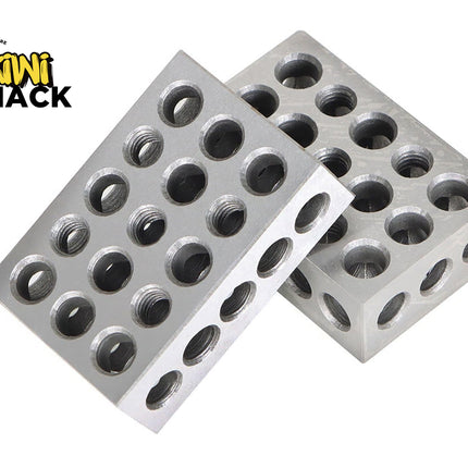 A pair of matched precision steel 1-2-3 blocks featuring multiple threaded and unthreaded cross-drilled holes, featuring the "Kiwi Shack" logo in the top-left corner.
