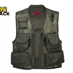 Kiwi Shack tactical fishing and photography vest in olive green with multiple flap pockets, D-rings, and a breathable mesh design.