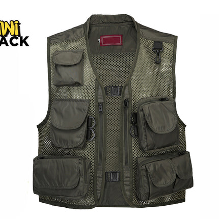 Kiwi Shack tactical fishing and photography vest in olive green with multiple flap pockets, D-rings, and a breathable mesh design.