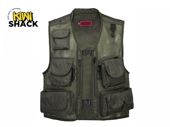 Kiwi Shack tactical fishing and photography vest in olive green with multiple flap pockets, D-rings, and a breathable mesh design.