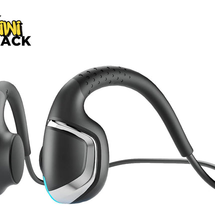 Black wireless sports earphones with a curved neckband design, silver trim accents, and a small blue LED light, shown on a white background with the Kiwi Shack logo in the top-left corner.
