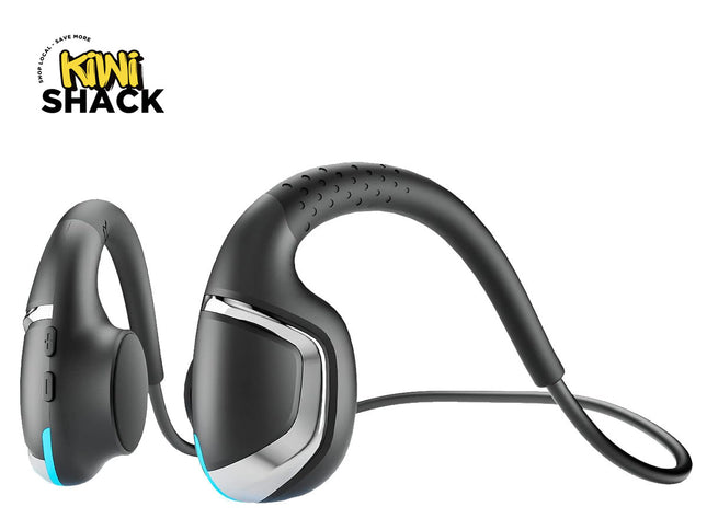 Black wireless sports earphones with a curved neckband design, silver trim accents, and a small blue LED light, shown on a white background with the Kiwi Shack logo in the top-left corner.